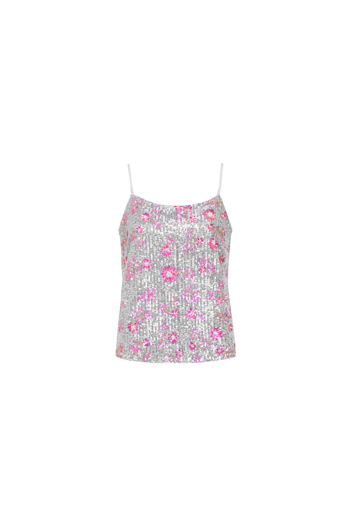 Fluresk top zilver pailletten met roze bloemen model Kalinda