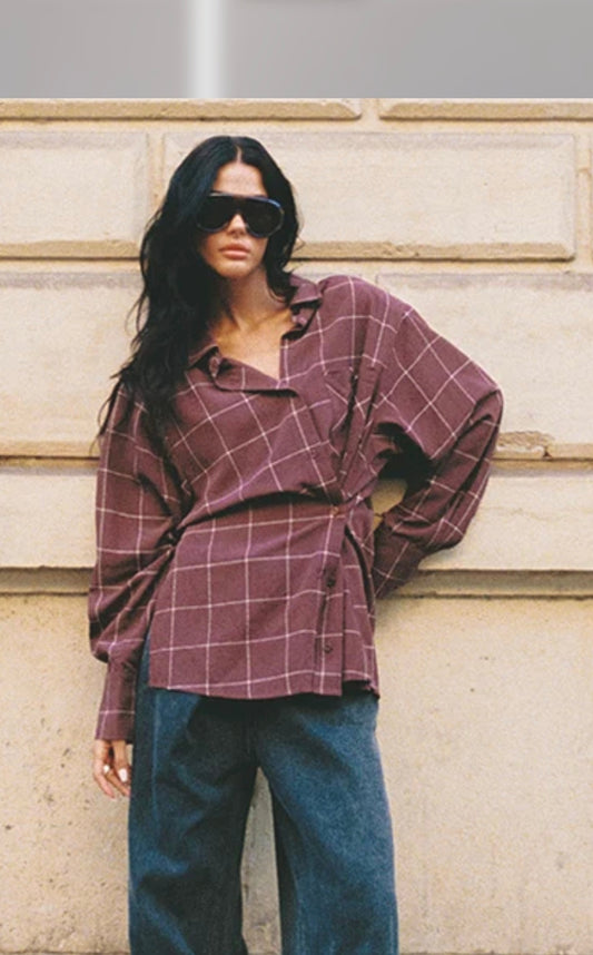 Refined Department blouse ruit bordeaux plum model ladies woven check shoulder pads NARO
R2609963084