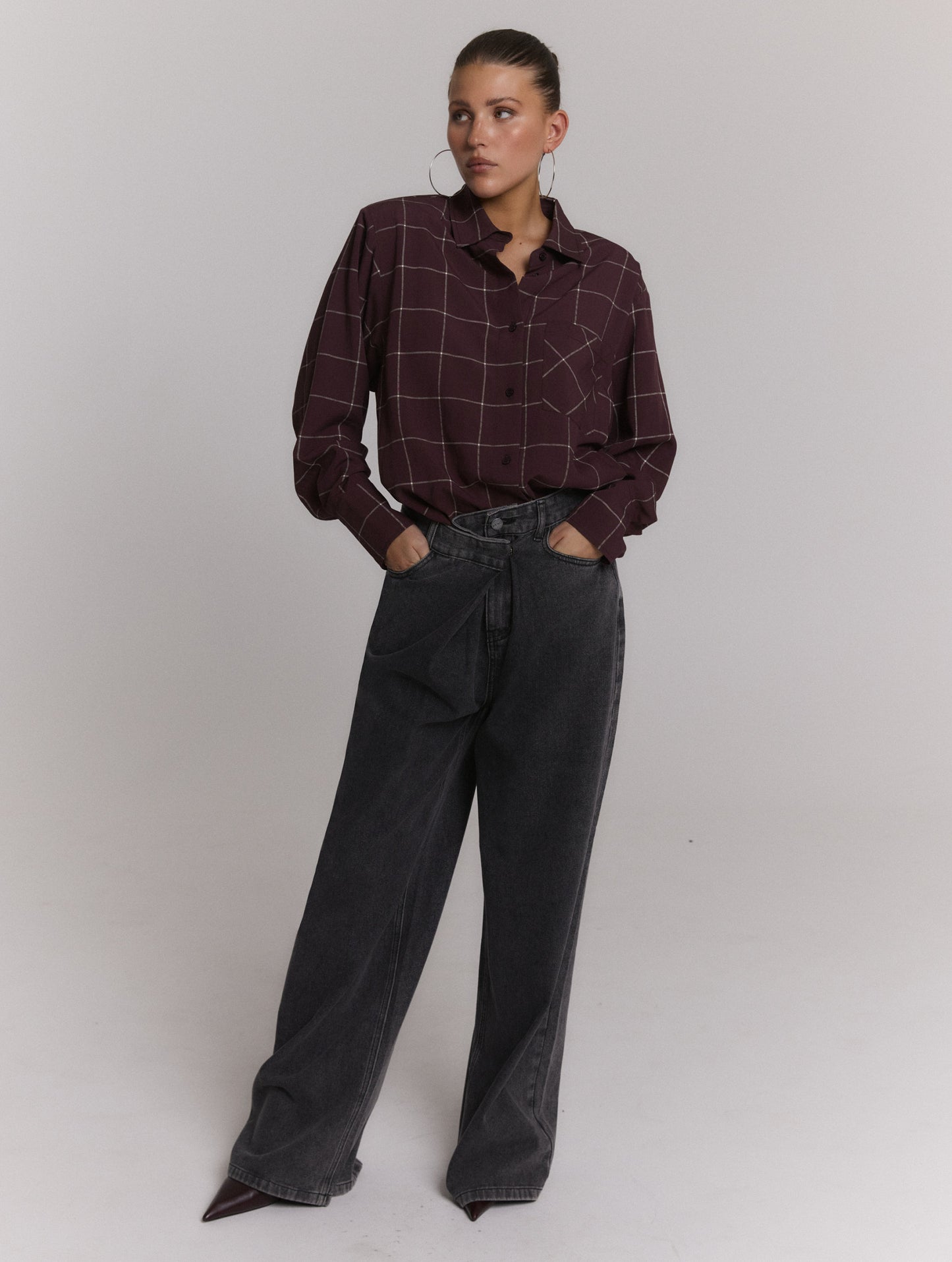 Refined Department blouse ruit bordeaux plum model ladies woven check shoulder pads NARO
R2609963084