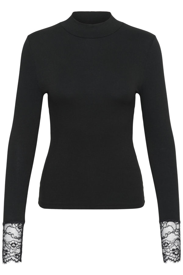 Kaffe longsleeve zwart met kant afgewerkt model KAomi Turtleneck T-Shirt Black Deep