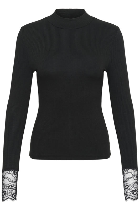 Kaffe longsleeve zwart met kant afgewerkt model KAomi Turtleneck T-Shirt Black Deep