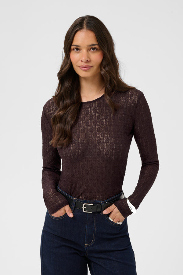 Kaffe longsleeve kant donker rood bruin aubergine model KAallison fudge 