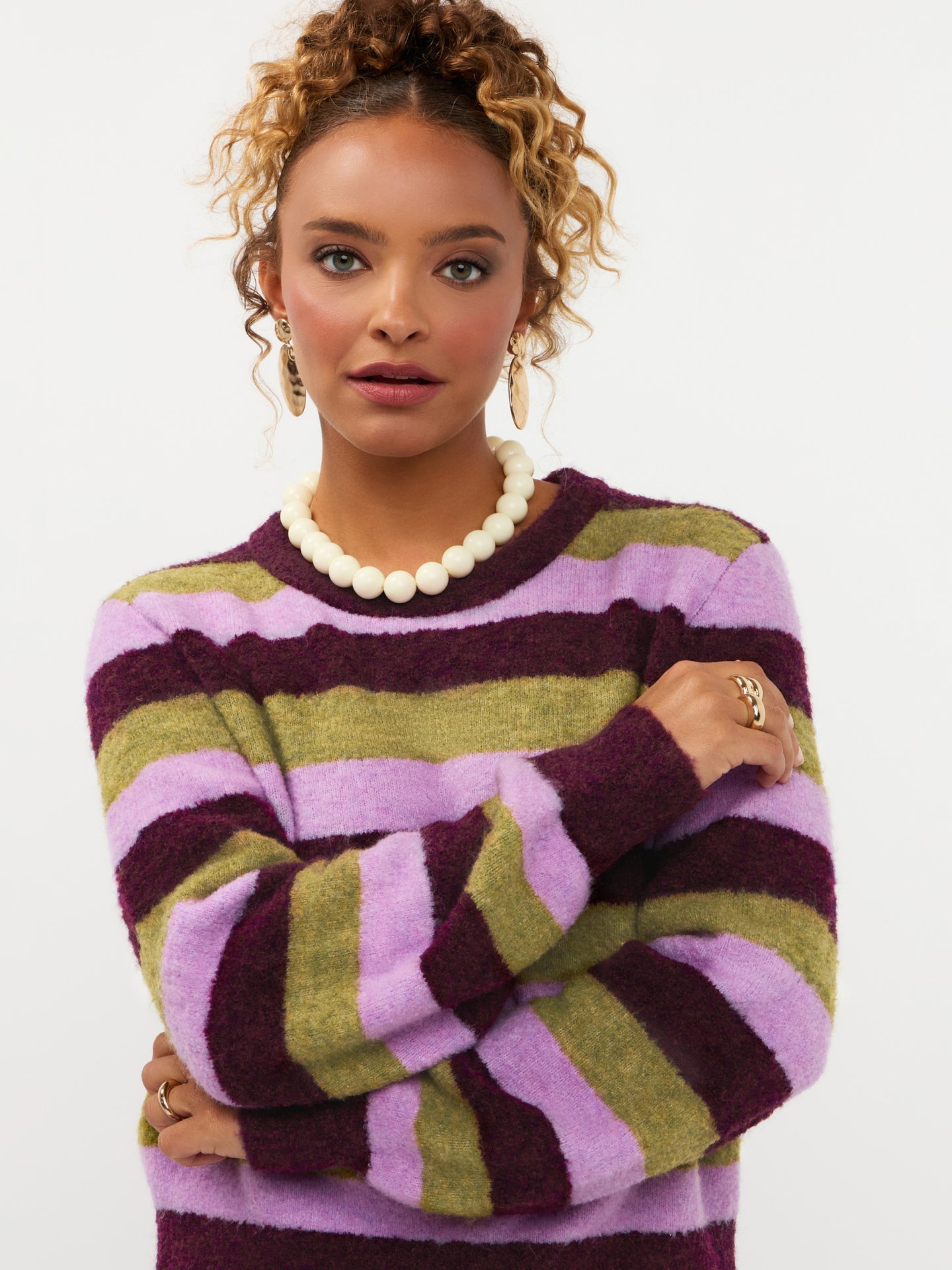 Ydence trui strepen groen bordeaux lila model Knitted sweater Aurora Aubergine