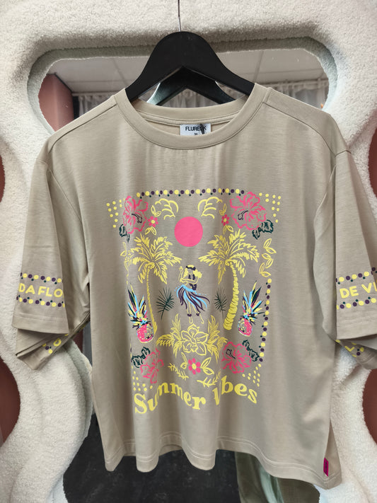 Fluresk T-shirt beige met gele print model Kiki khaki 