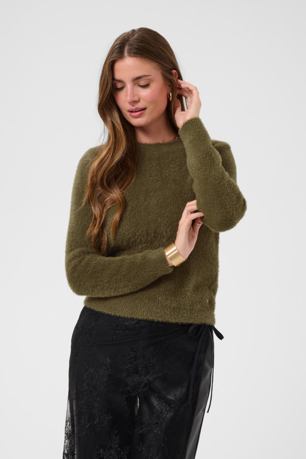 Cream trui groen olijf fluffy model CRInaya LS Knit Pullover Military Olive Green