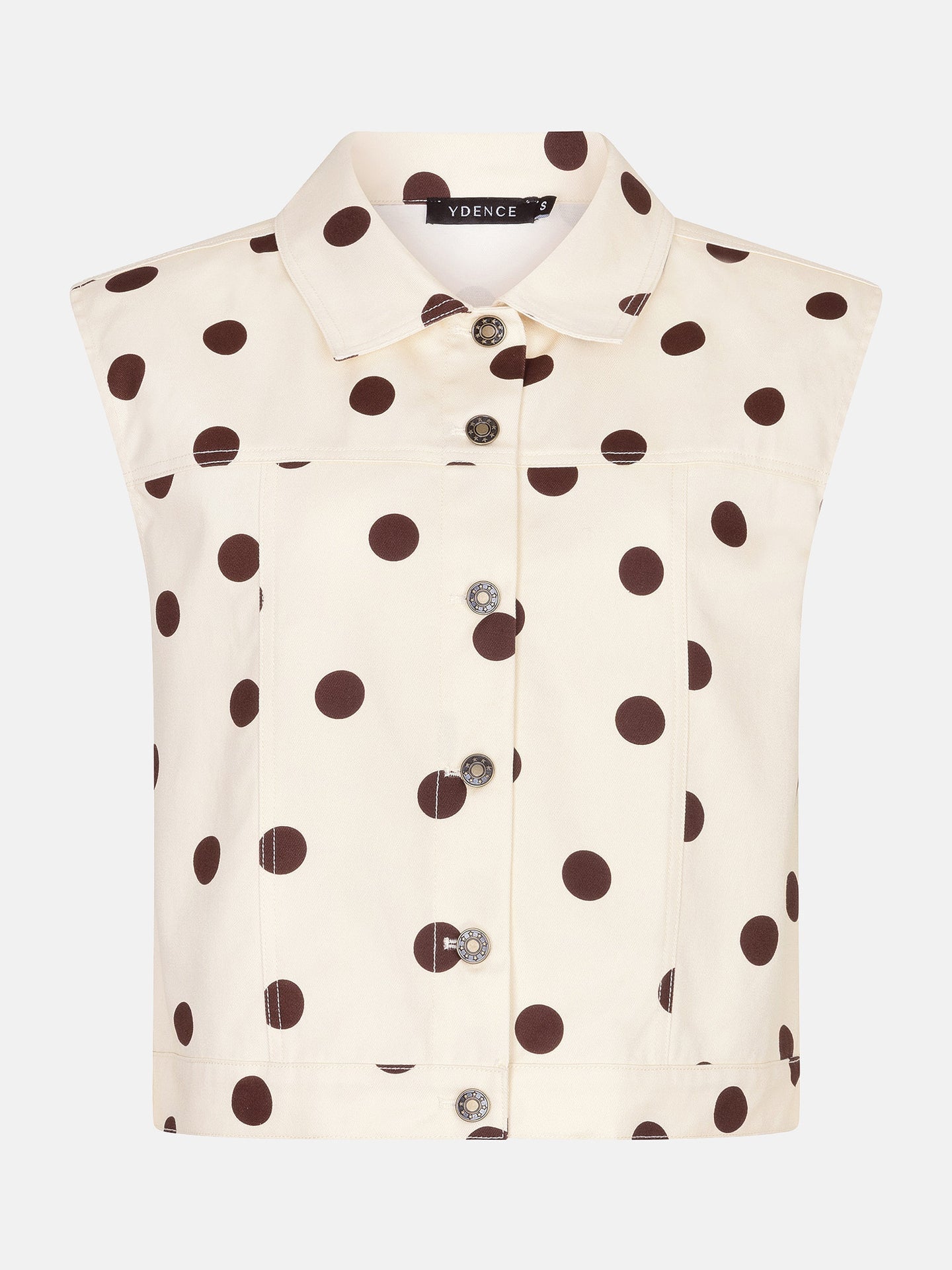 Ydence gilet beige met bruine polkadot stippen model Marit Ecru