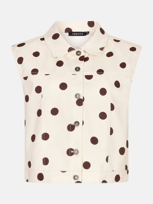 Ydence gilet beige met bruine polkadot stippen model Marit Ecru