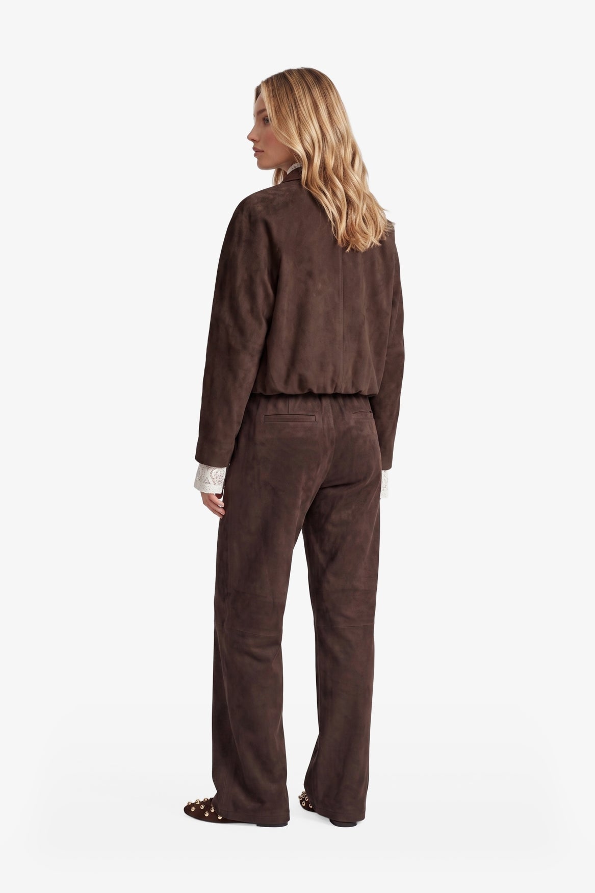 Fluresk suède look bruine broek model Claris pants dark chocolate 