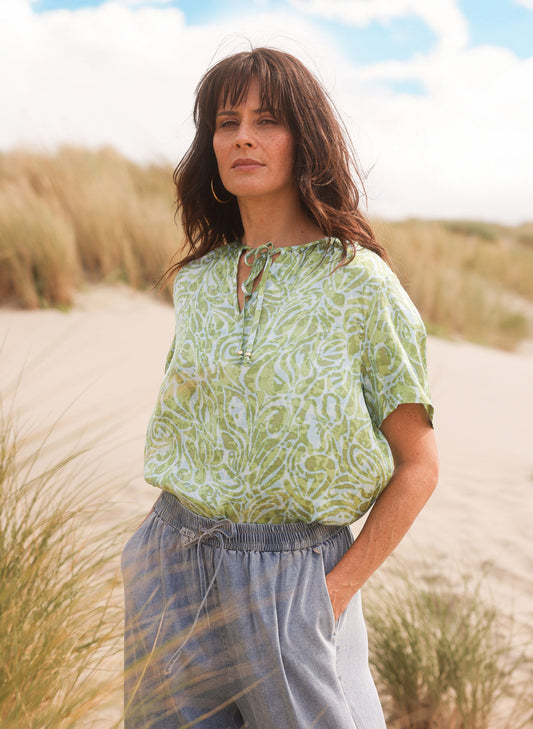 Yest blouse groen blauwe print model Kimbra Botanic Green/Multi