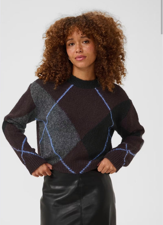 Kaffe trui ruit print grijs bordeaux model KAgrith Argyle Pullover fudge red