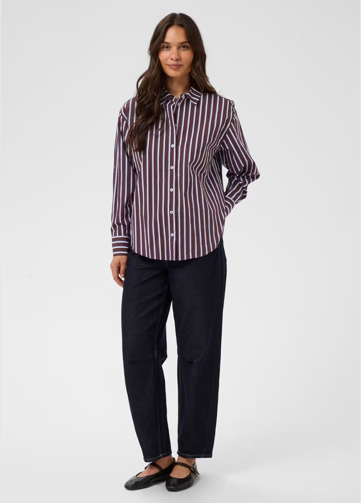 Kaffe blouse bordeaux met blauw en offwhite strepen pinstripe model KAgavina Gestreept Overhemd fudge chalk 