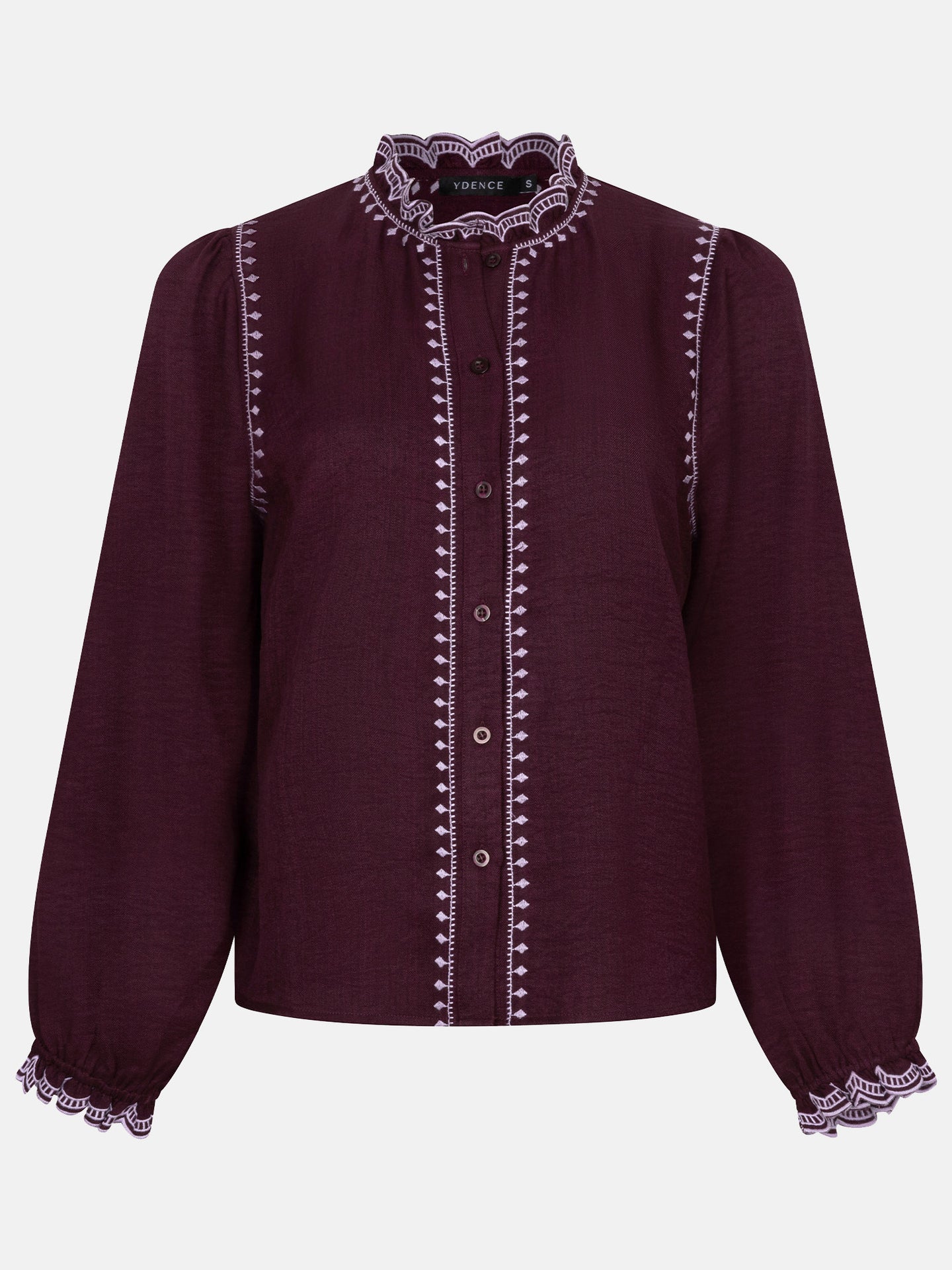 Ydence blouse aubergine met lila detail model Hannah Plum