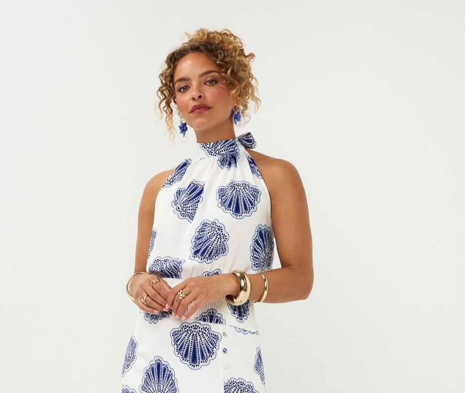 Ydence halter top wit met kobalt blauwe schelpen print Top Jamie Blue Shell