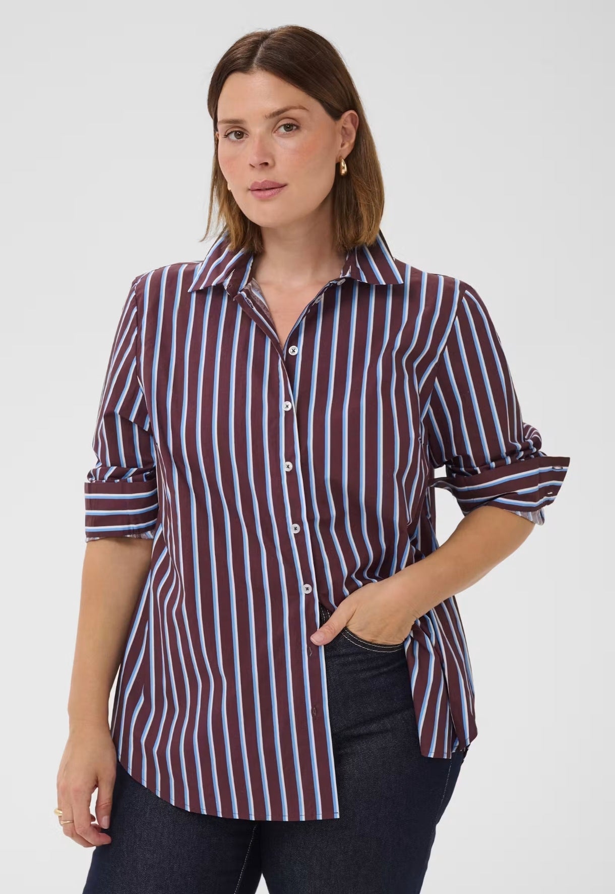 Kaffe Curve blouse bordeaux met blauwe strepen model KCsavina Overhemd fudge