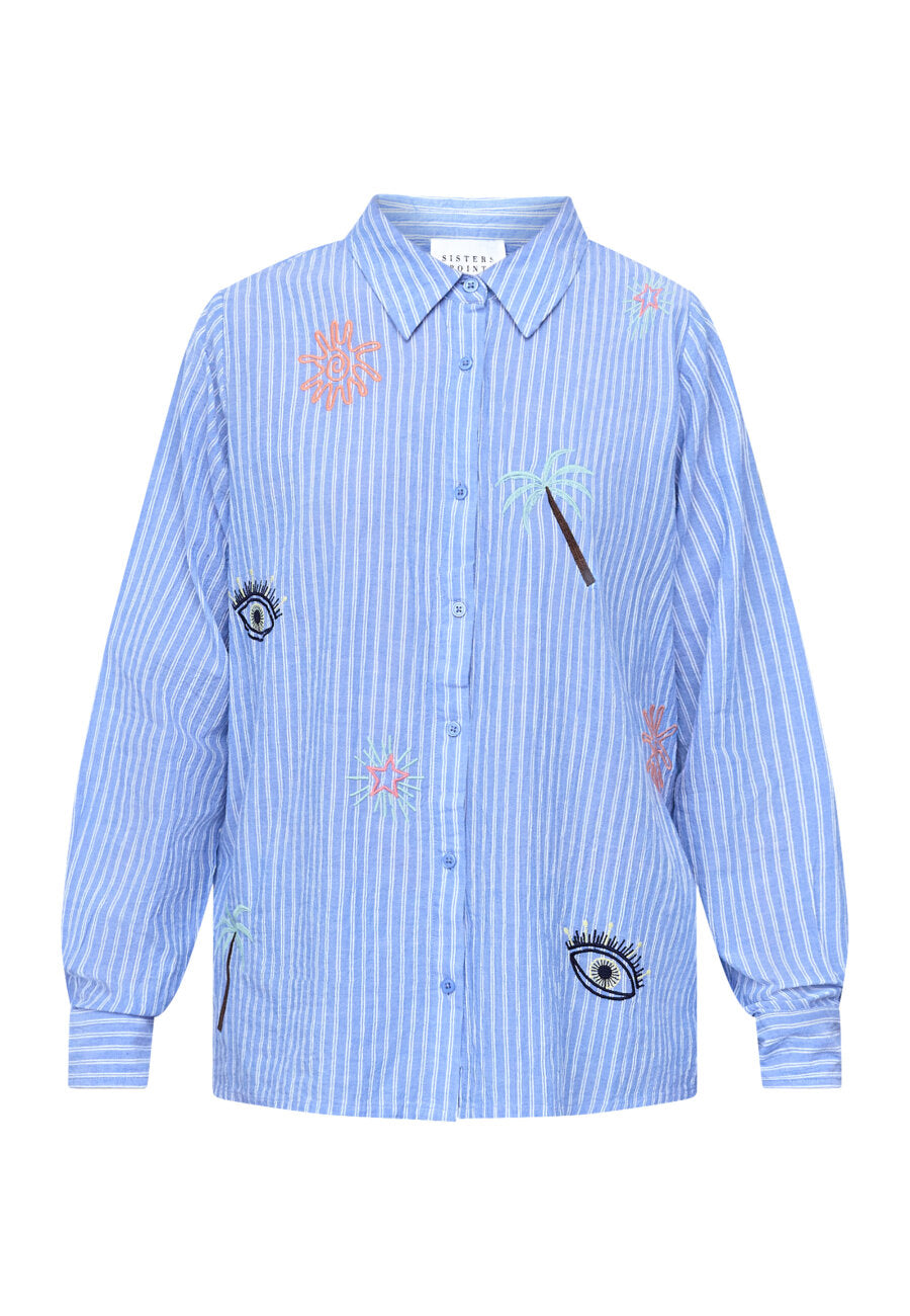 Sisters Point blouse blauw offwhite gestreept borduursel model Ibiza SH3 blue stripe beach