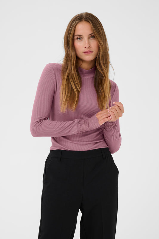 Kaffe longsleeve met kant aan mouw roze/paars model KAomi tulipwood