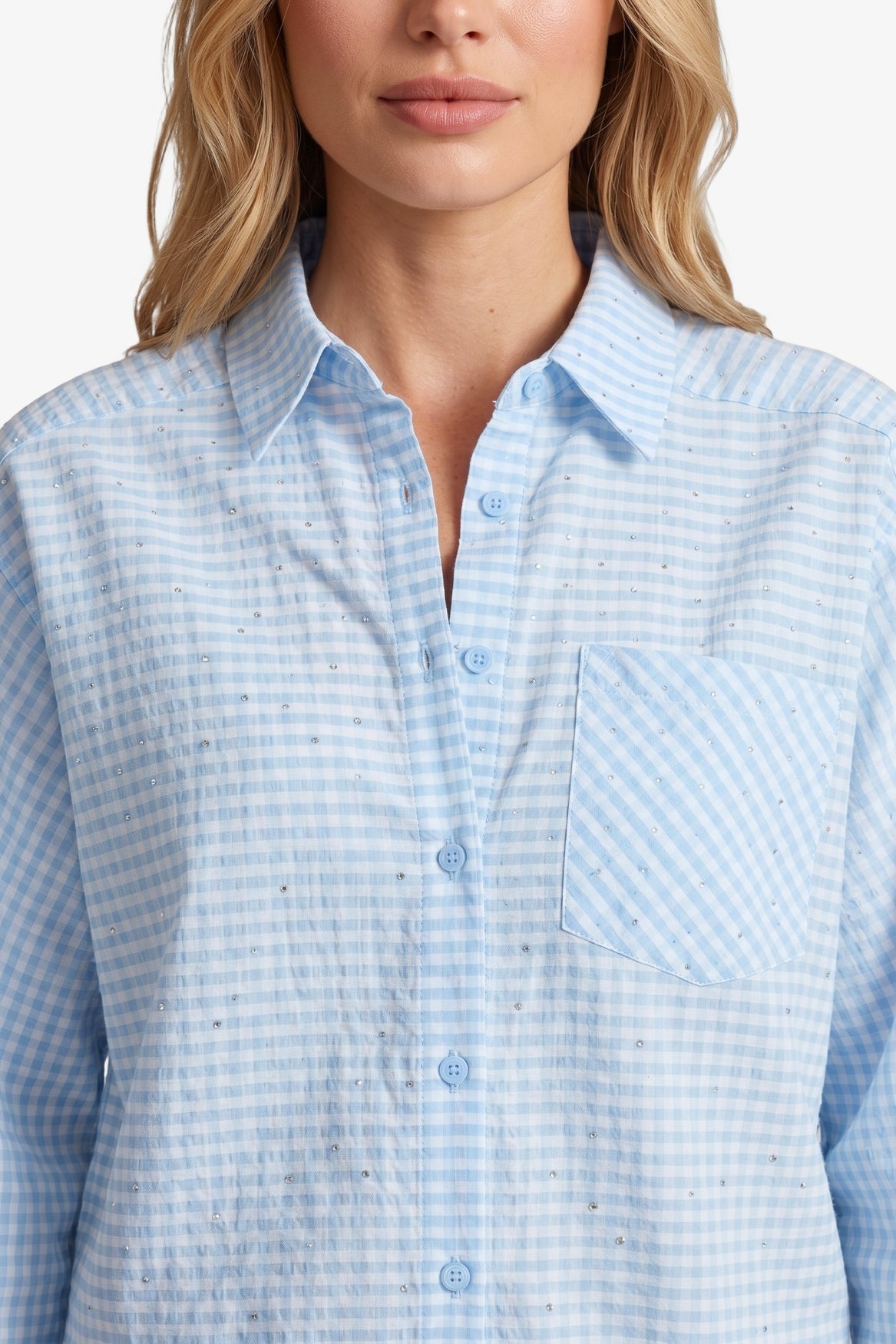 Fluresk blouse lichtblauw Vichy print met strass steentjes model Benja Celestial blue
