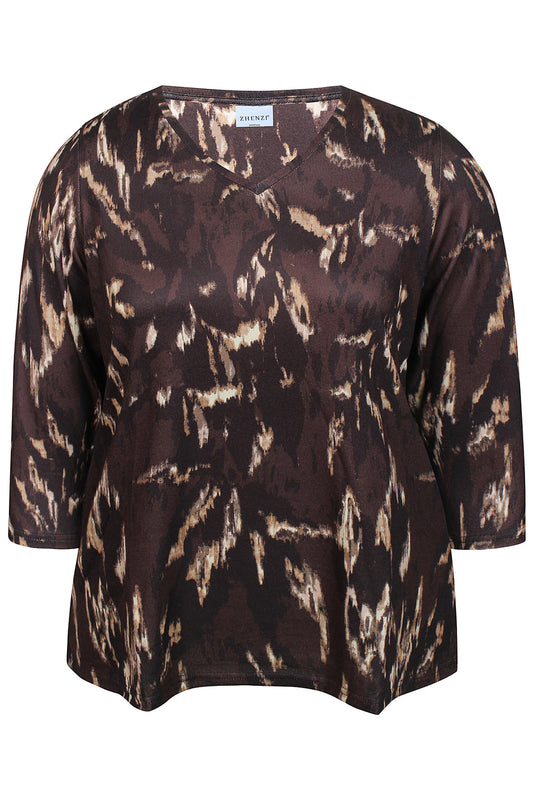 Zhenzi shirt bruin met print driekwart mouw model Ainsley 1489 Brown