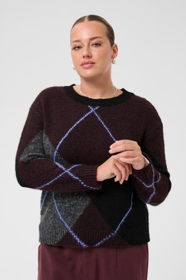 Kaffe Curve aubergine trui KCkit Argyle Pullover met Wol