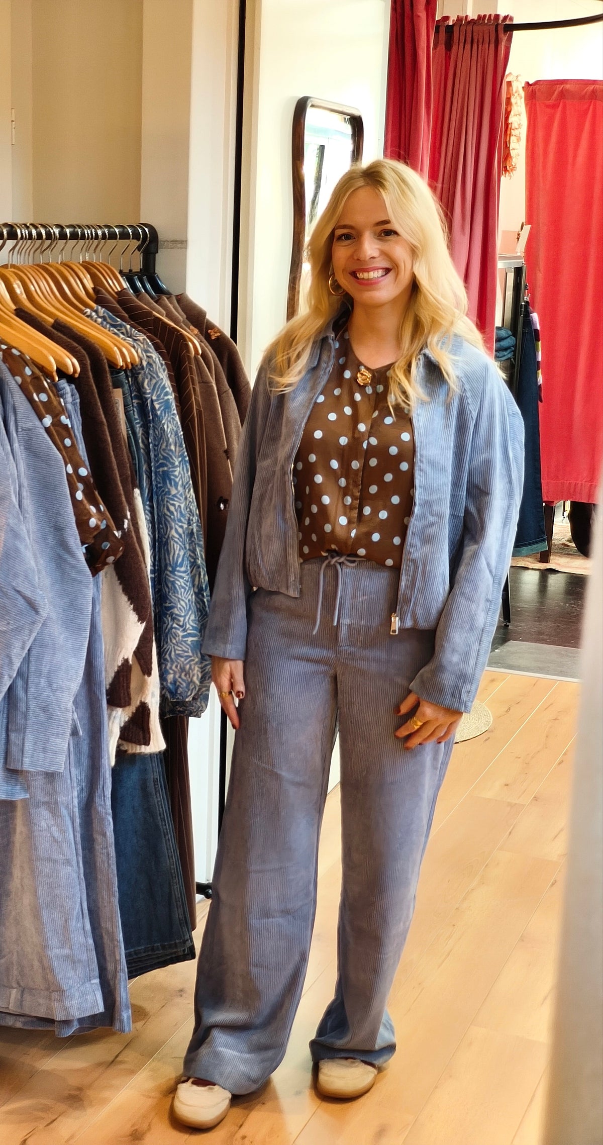 Esqualo blouse bruin met blauwe polka dots