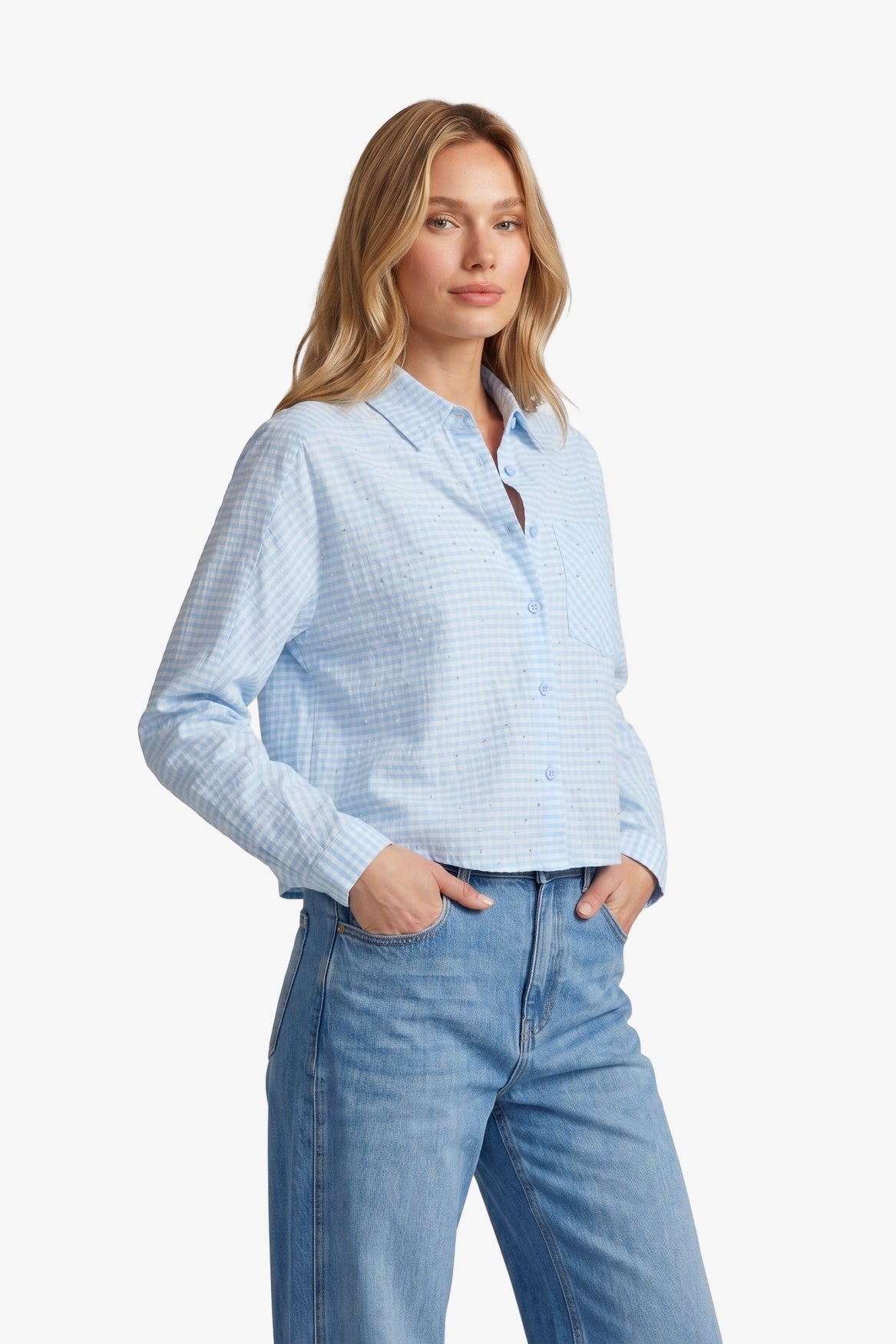 Fluresk blouse lichtblauw Vichy print met strass steentjes model Benja Celestial blue