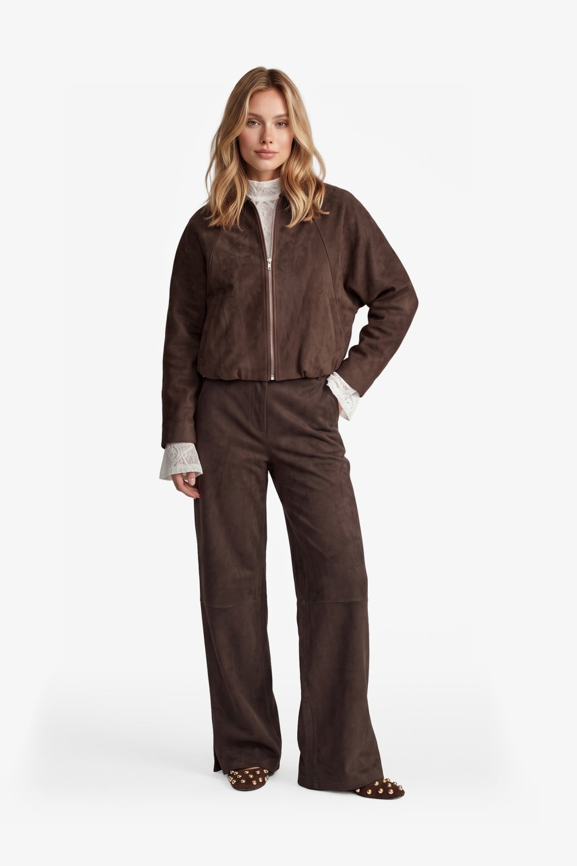Fluresk suède look bruine broek model Claris pants dark chocolate 