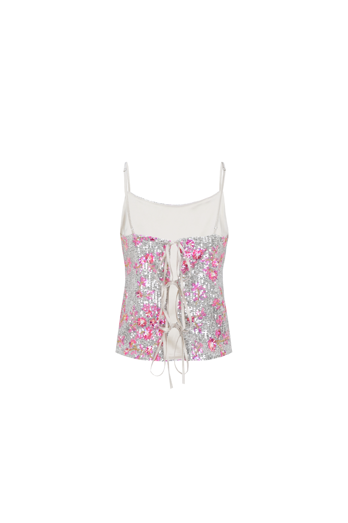 Fluresk top zilver pailletten met roze bloemen model Kalinda