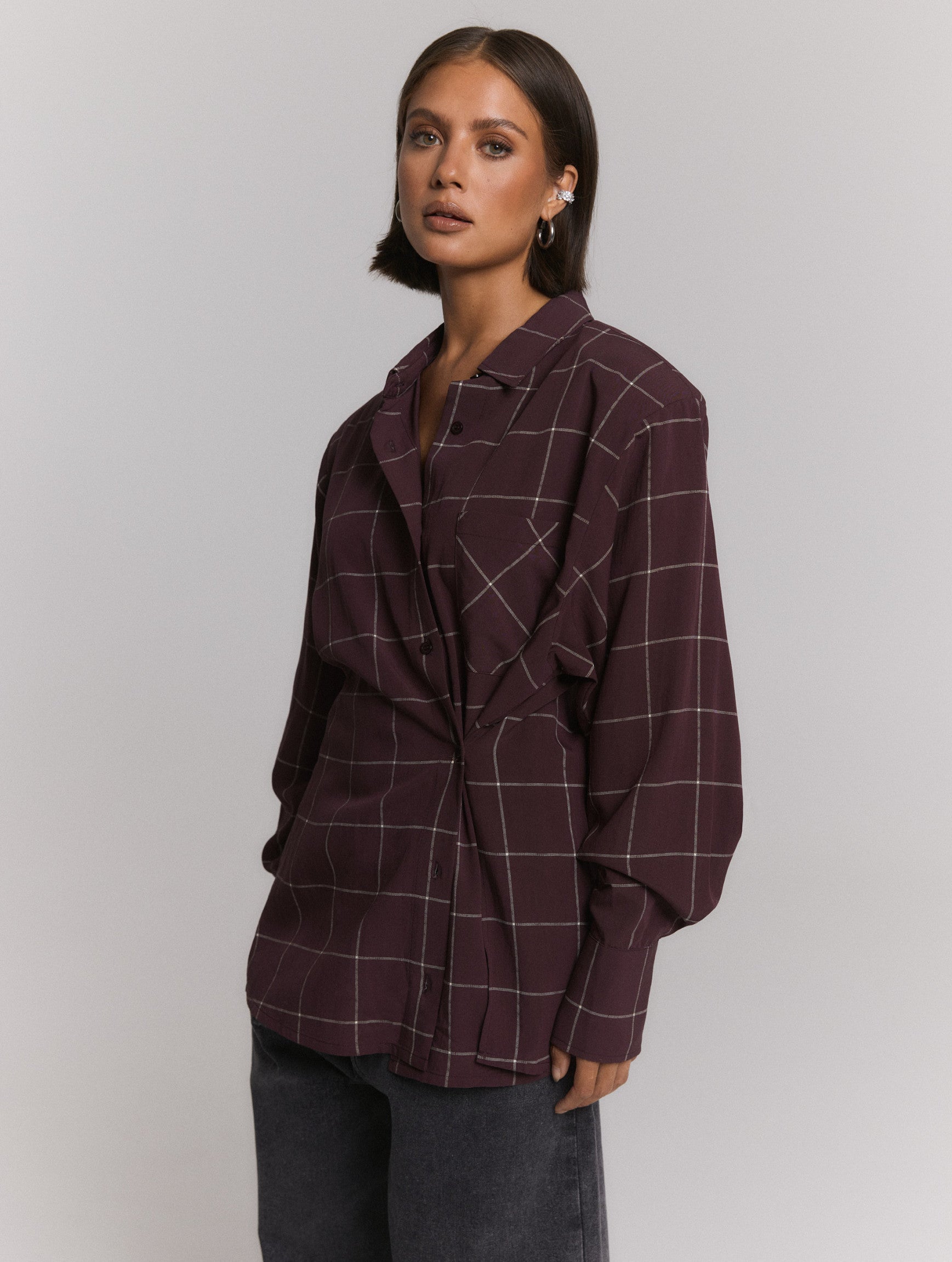 Refined Department blouse ruit bordeaux plum model ladies woven check shoulder pads NARO
R2609963084
