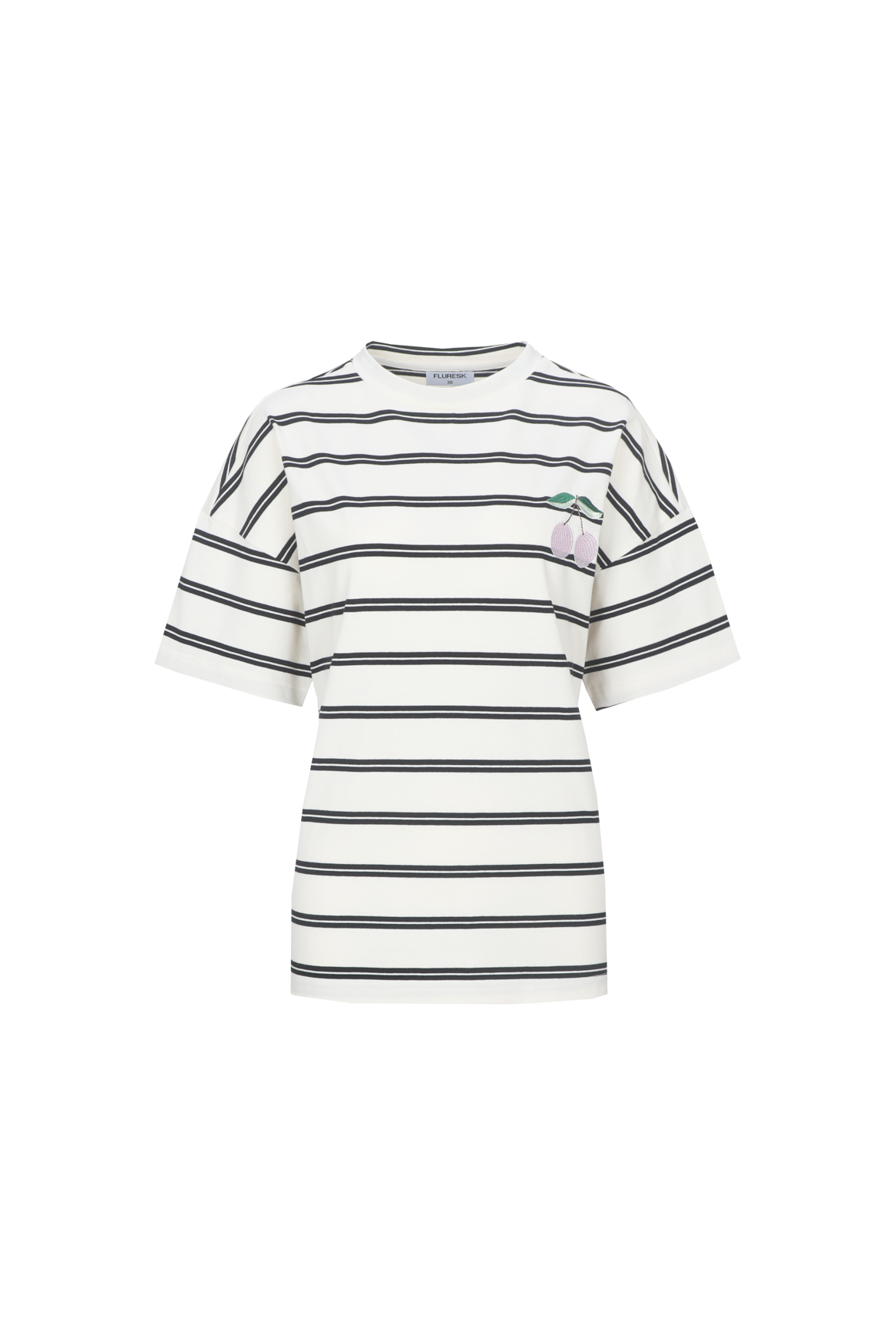 Fluresk T-shirt offwhite zwart gestreept met lila kers model Nayara