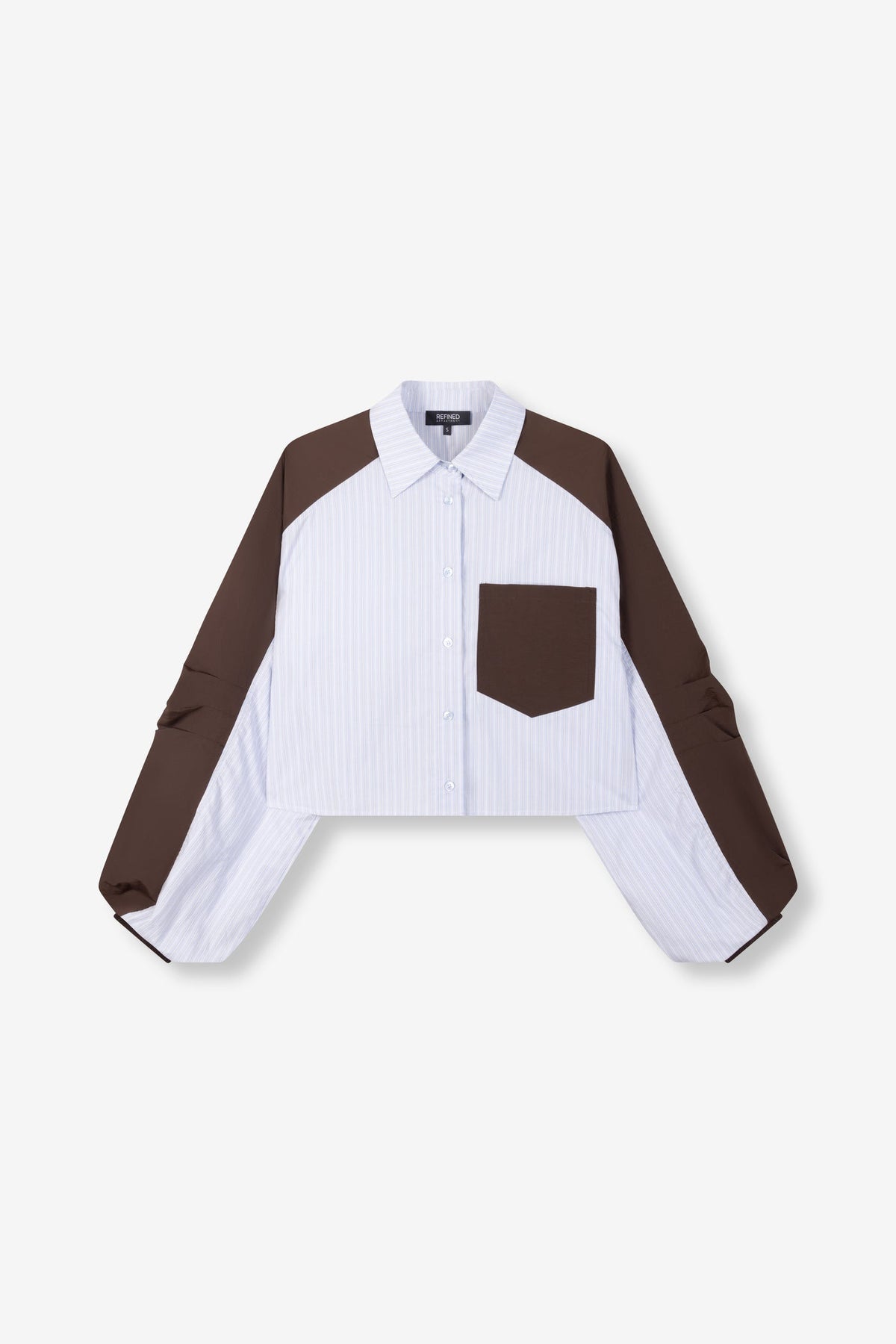 Refined Department blouse bomber lichtblauw met bruin model Noor 
