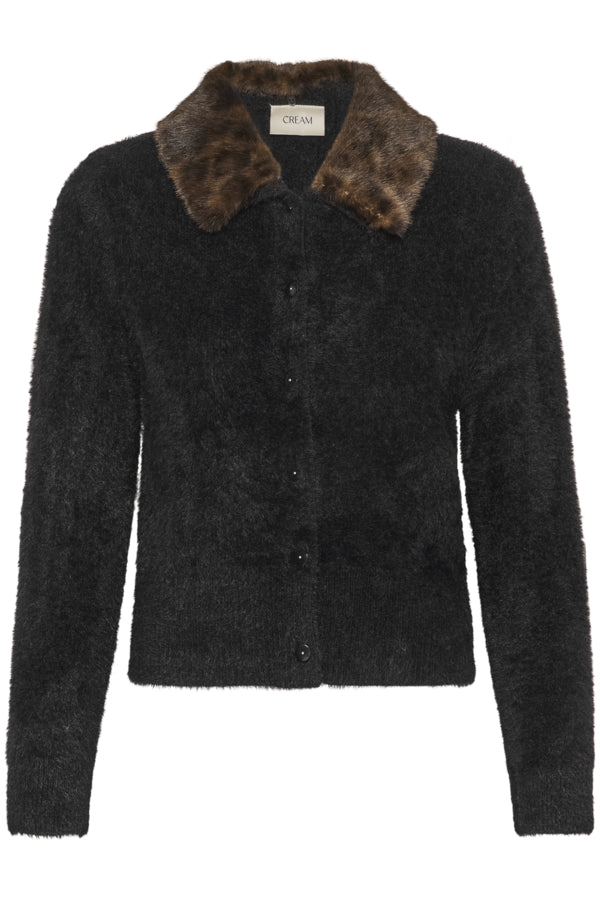 Cream vest zwart met afneembare panterkraag model CRInaya Knit Cardigan Pitch Black