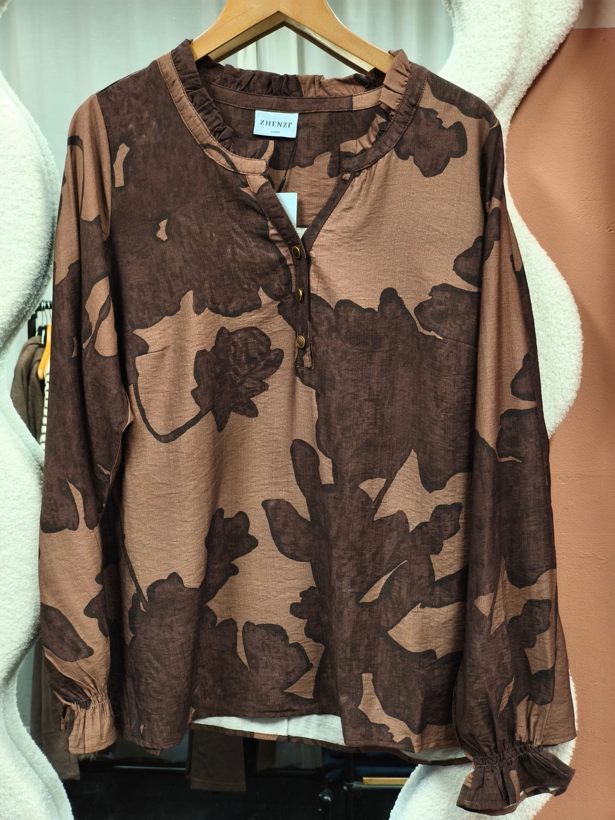 Zhenzi blouse bruine print model Medie chocolate 201606