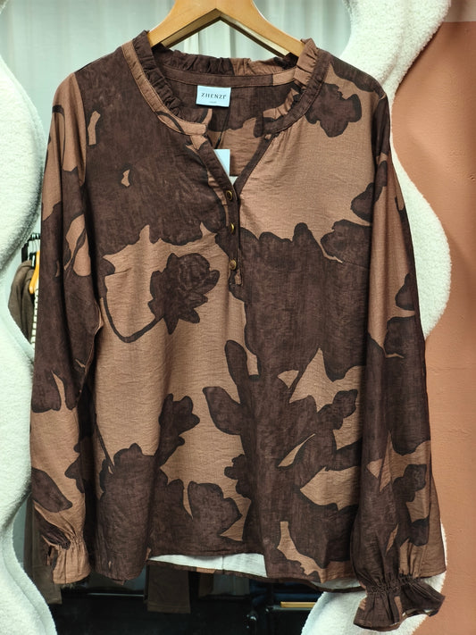 Zhenzi blouse bruine print model Medie chocolate 201606