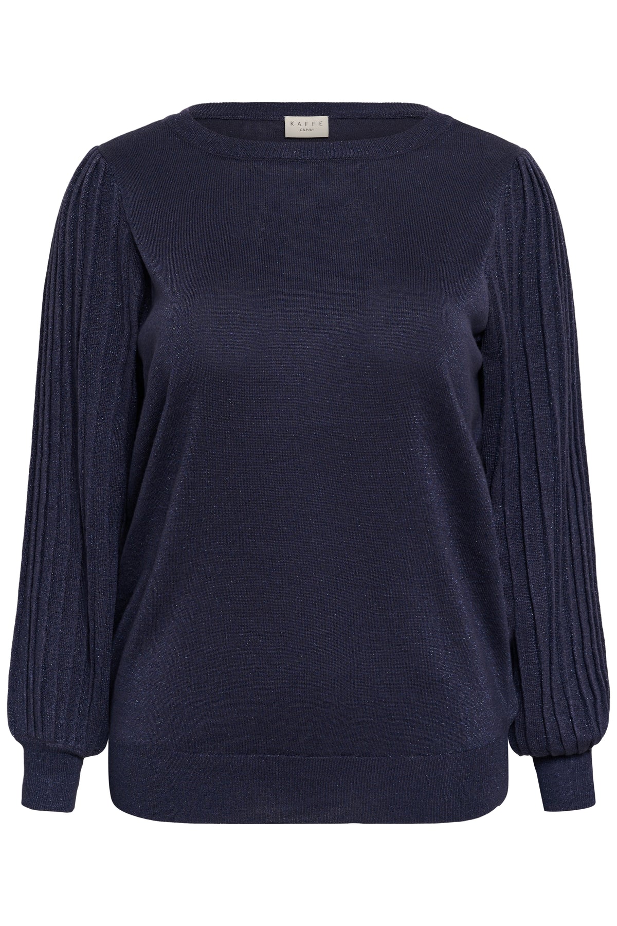 Kaffe Curve trui blauw grijs lurex KCregitta Pleat LS Pullover Graphite Blue