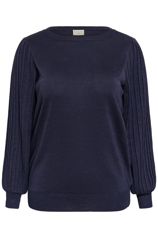 Kaffe Curve trui blauw grijs lurex KCregitta Pleat LS Pullover Graphite Blue