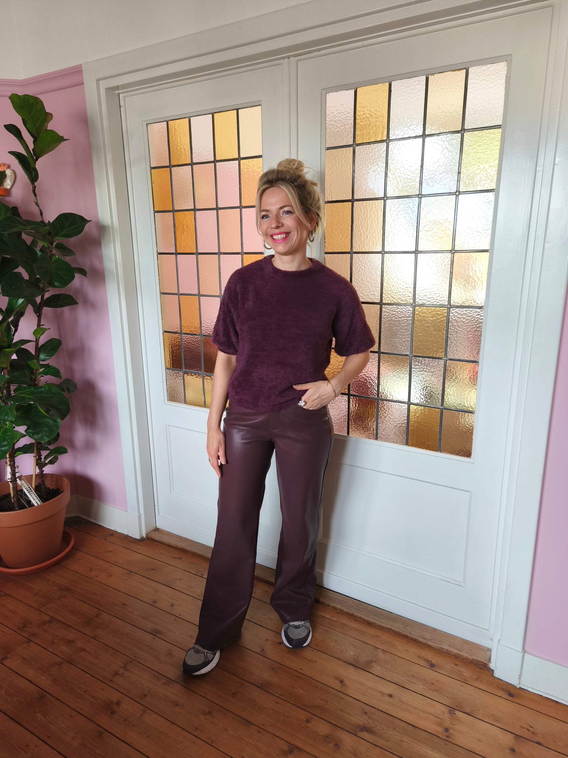 Ydence leather look broek paars bordeaux model Pants Teagan Aubergine