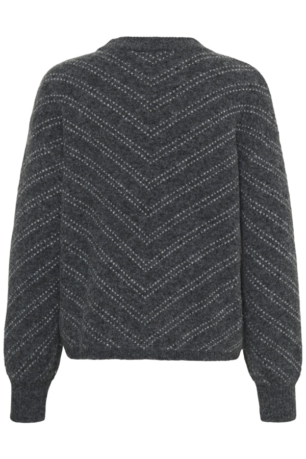 Kaffe trui grijs met print model KAhillery Pullover Dark Grey melange Chalk Stripe Grey