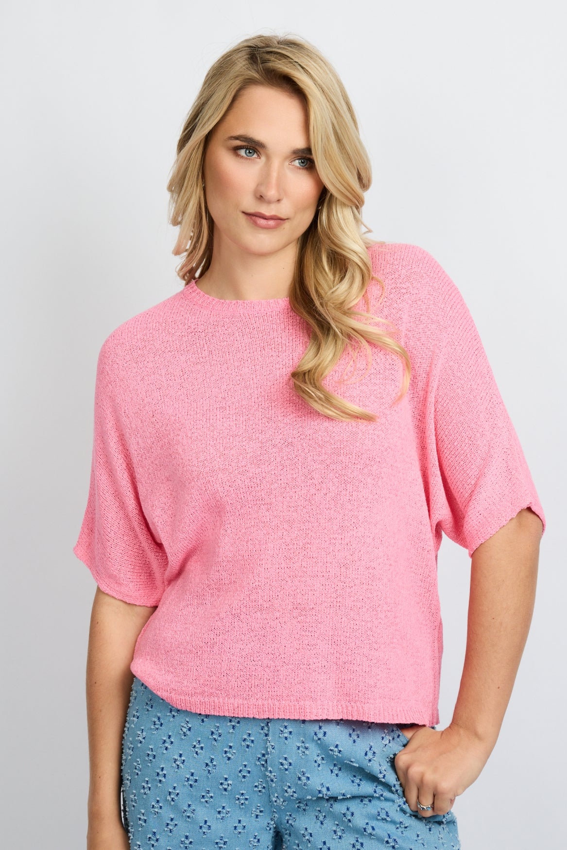 Fluresk roze shirt gebreid model Niala knitting top lip gloss