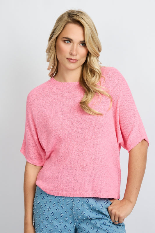 Fluresk roze shirt gebreid model Niala knitting top lip gloss