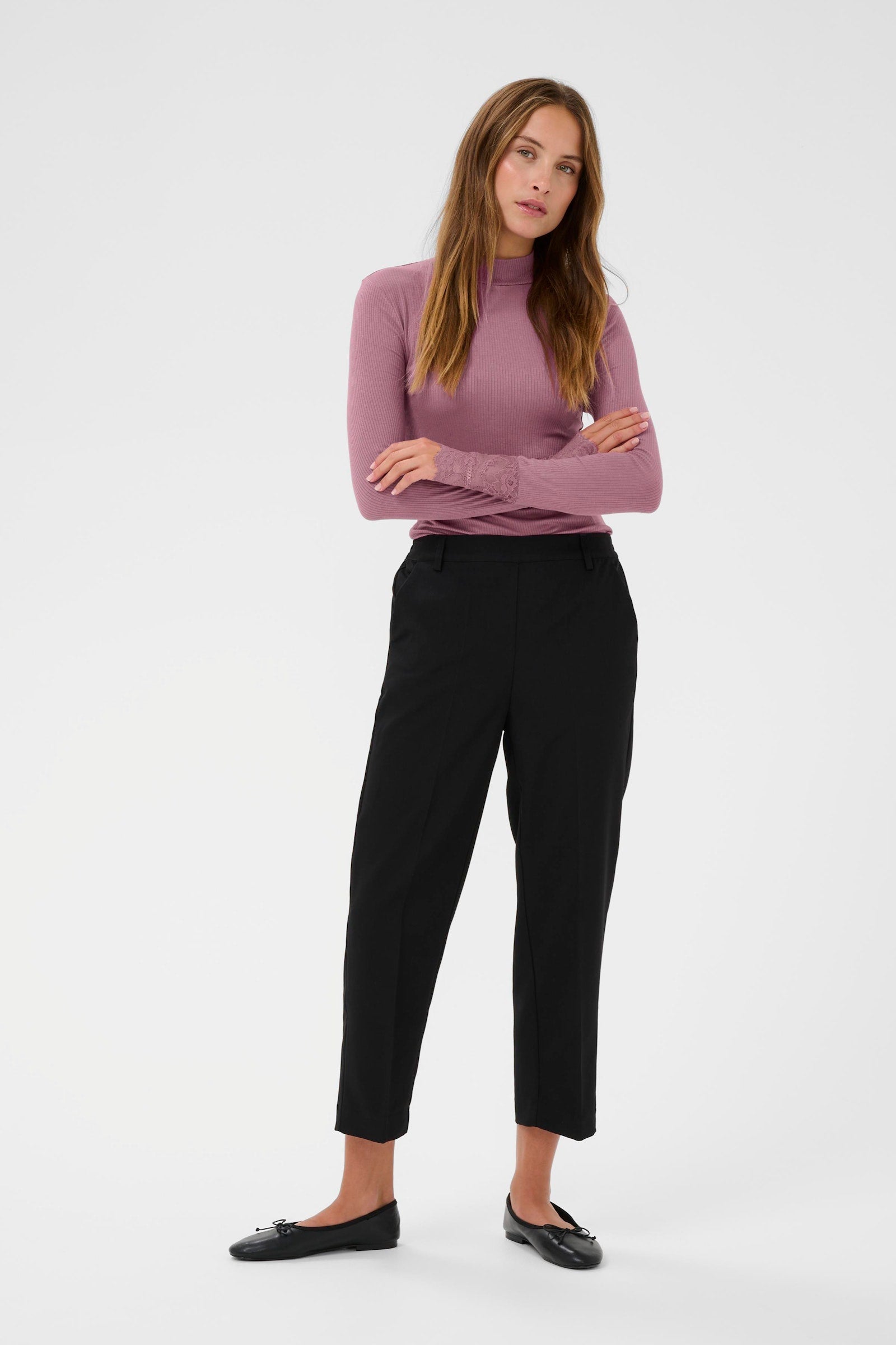 Kaffe longsleeve met kant aan mouw roze/paars model KAomi tulipwood