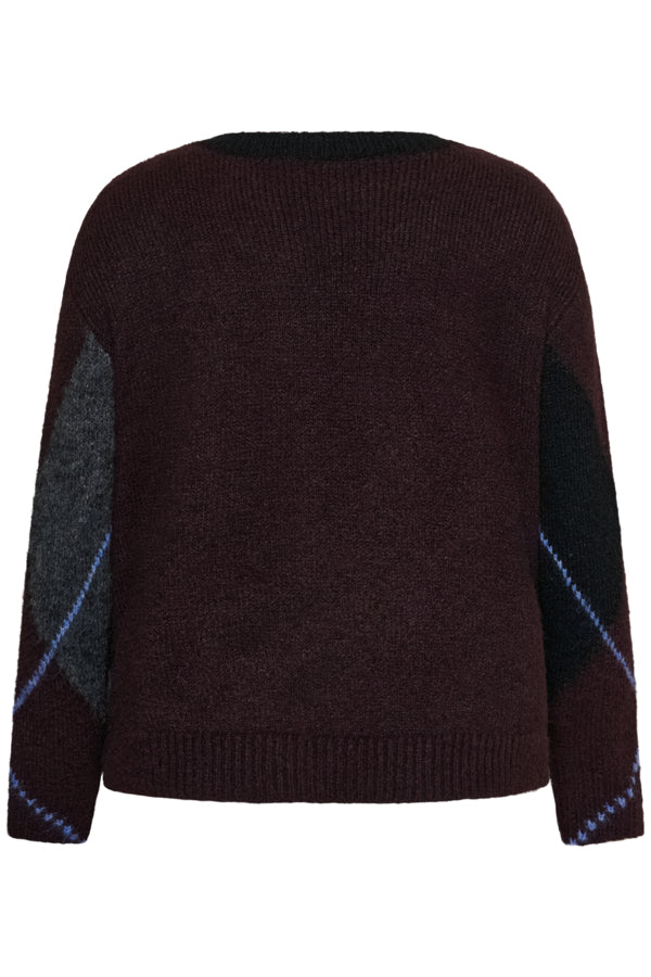 Kaffe Curve aubergine trui met zwart blauw KCkit Argyle Pullover met Wol