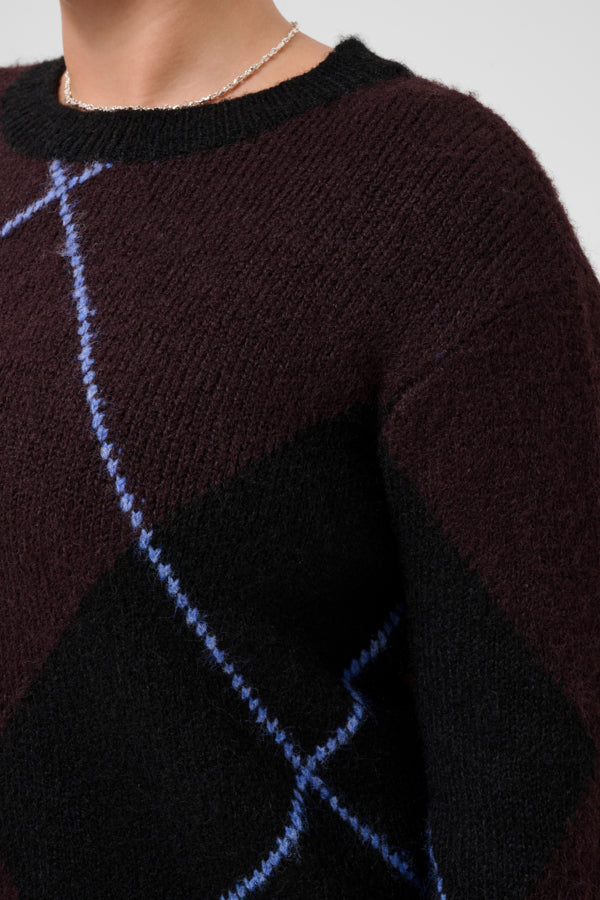 Kaffe Curve aubergine trui KCkit Argyle Pullover met Wol