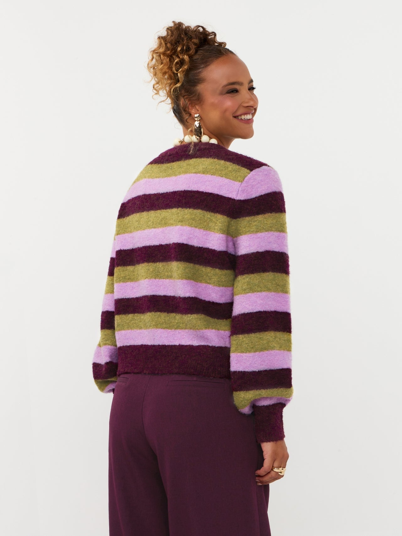 Ydence trui strepen groen bordeaux lila model Knitted sweater Aurora Aubergine