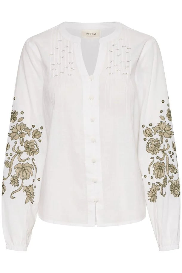 Cream blouse wit CRBrodie Overhemd met groen borduursel