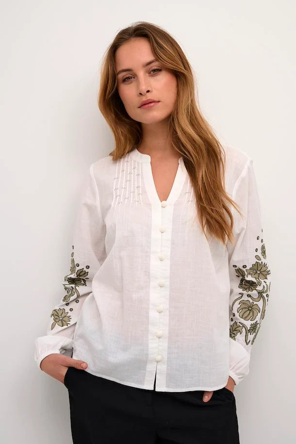 Cream blouse wit CRBrodie Overhemd met groen borduursel