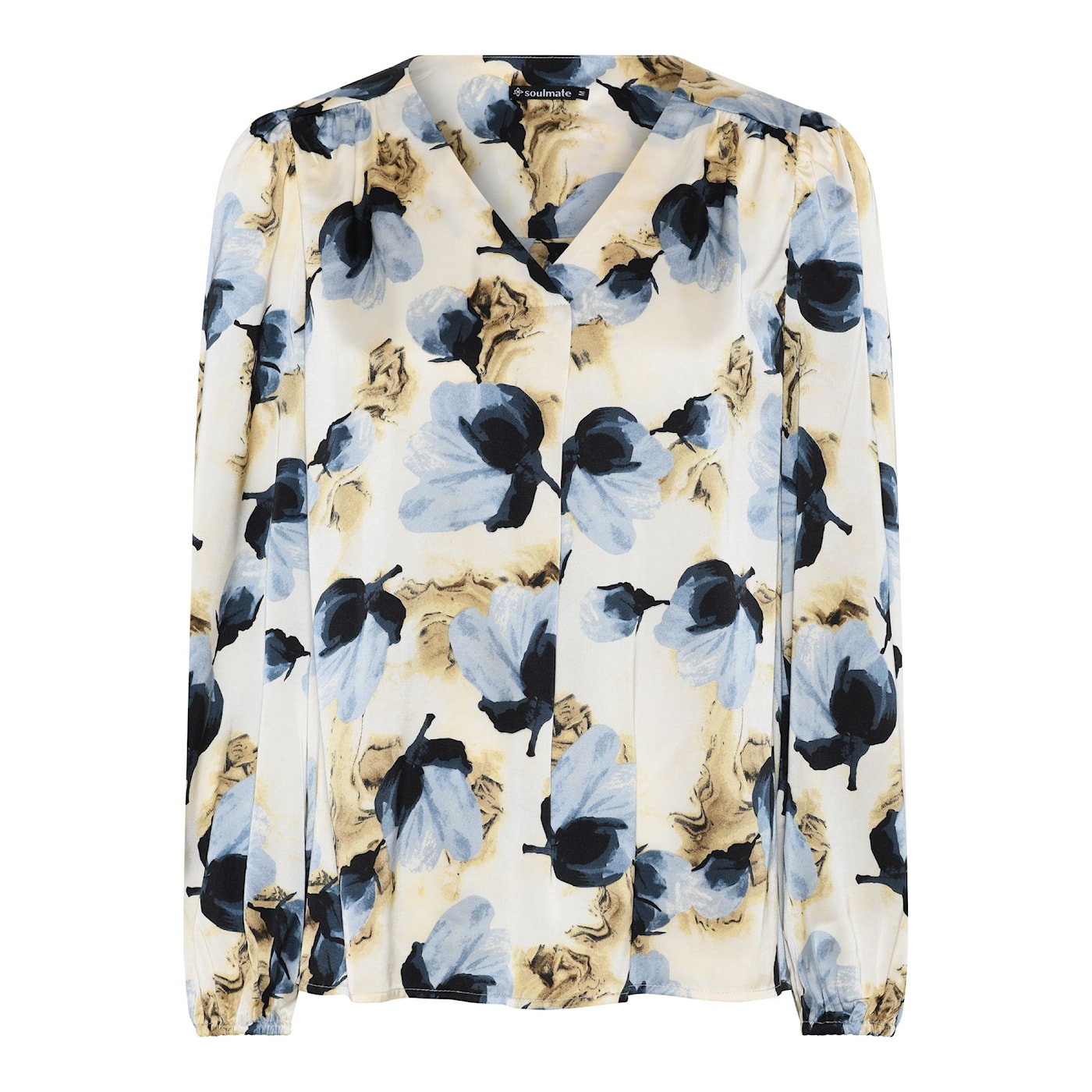 Soulmate blouse beige met blauwe bloemenprint model Nolo 