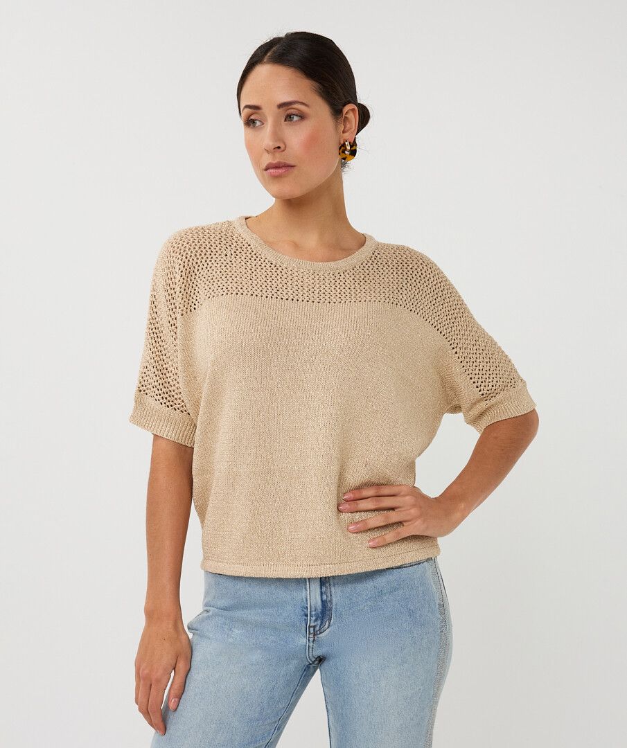Esqualo trui korte mouw zandkleur met goud draad model sweater ajour batwing light sand