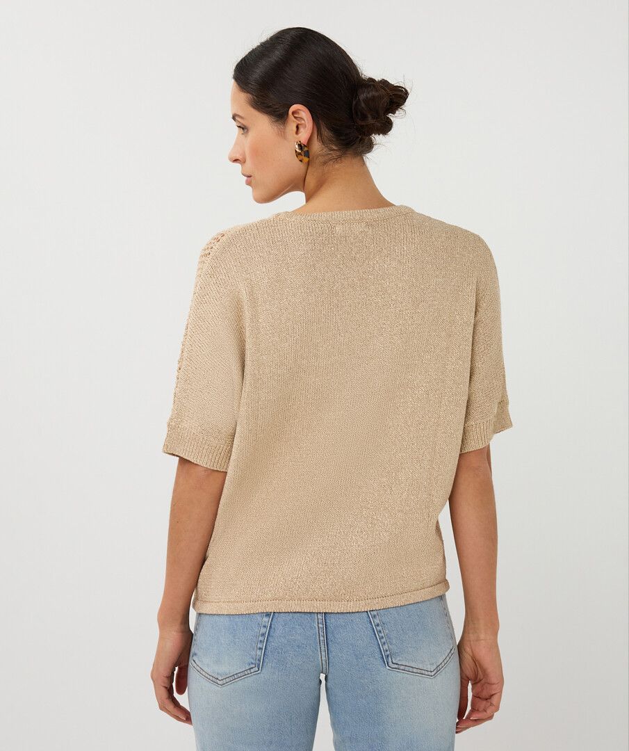 Esqualo trui korte mouw zandkleur met goud draad model sweater ajour batwing light sand