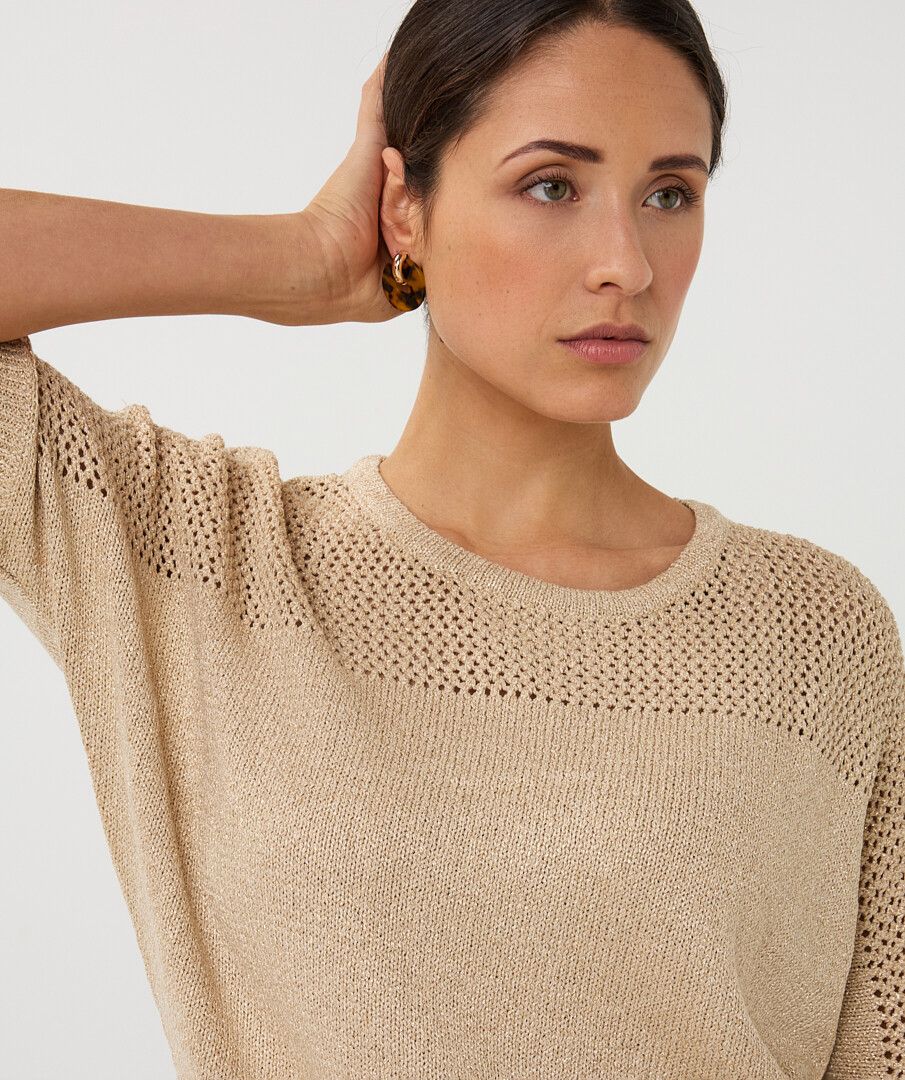 Esqualo trui korte mouw zandkleur met goud draad model sweater ajour batwing light sand