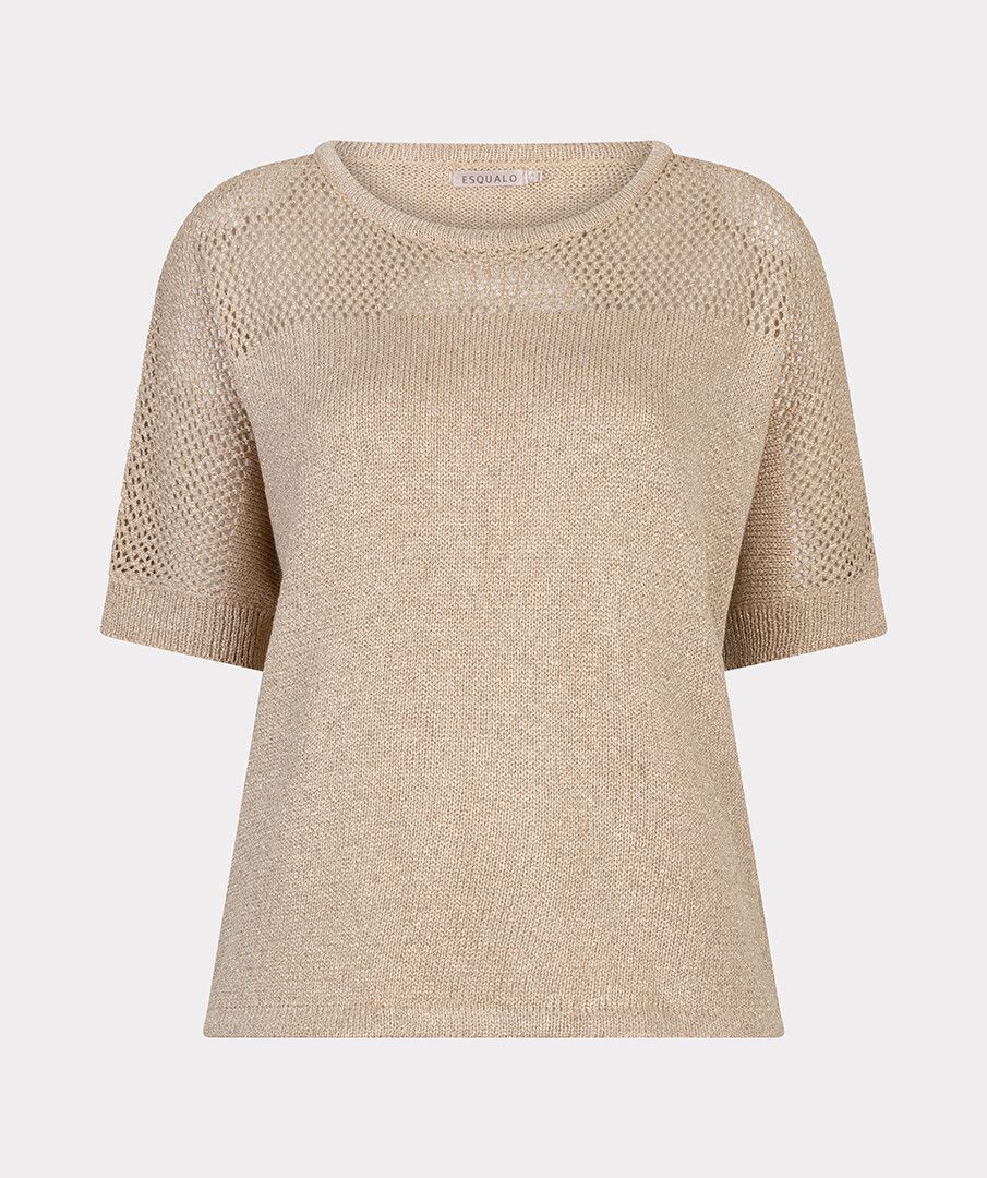 Esqualo trui korte mouw zandkleur met goud draad model sweater ajour batwing light sand